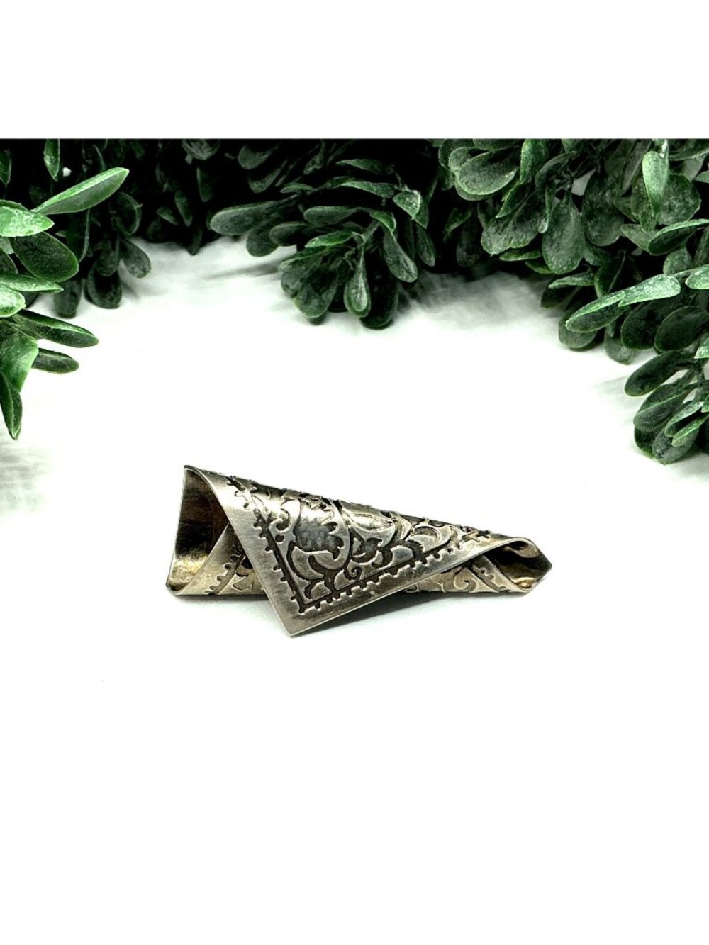 Vintage Nickel Steel Filigree Brooch With Ornate Floral Design and Pinback Closu